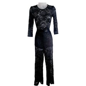 BEBE Sexy Sheer Floral Black Lace JumpsuitCatsuit Sz XS Whimsigoth Dark Fairy